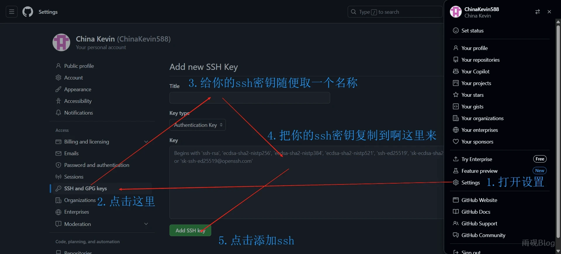 Github的ssh密钥复制页面